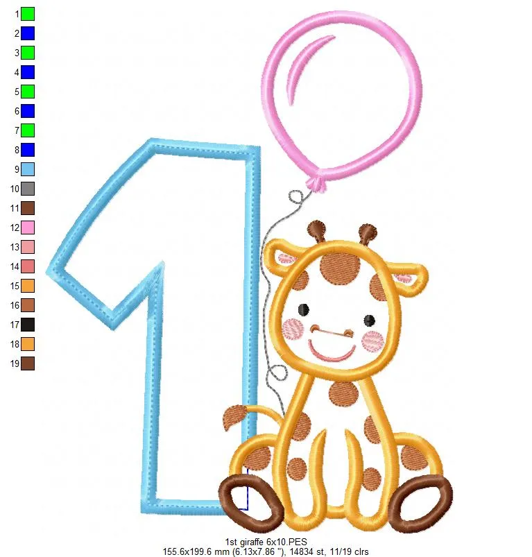 1st Birthday Giraffe - Applique-Machine Embroidery Design
