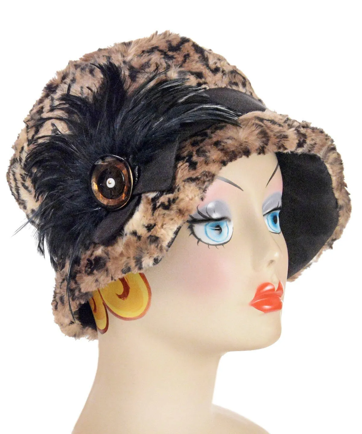 Abigail Style Hat - Luxury Faux Fur in Carpathian Lynx with Black Faux Suede (One Gold/Black Shell Button Left!)