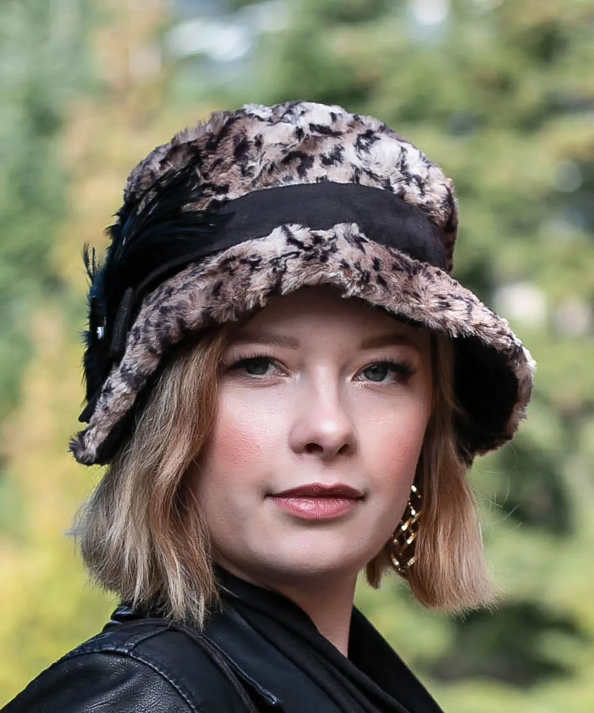 Abigail Style Hat - Luxury Faux Fur in Carpathian Lynx with Black Faux Suede (One Gold/Black Shell Button Left!)