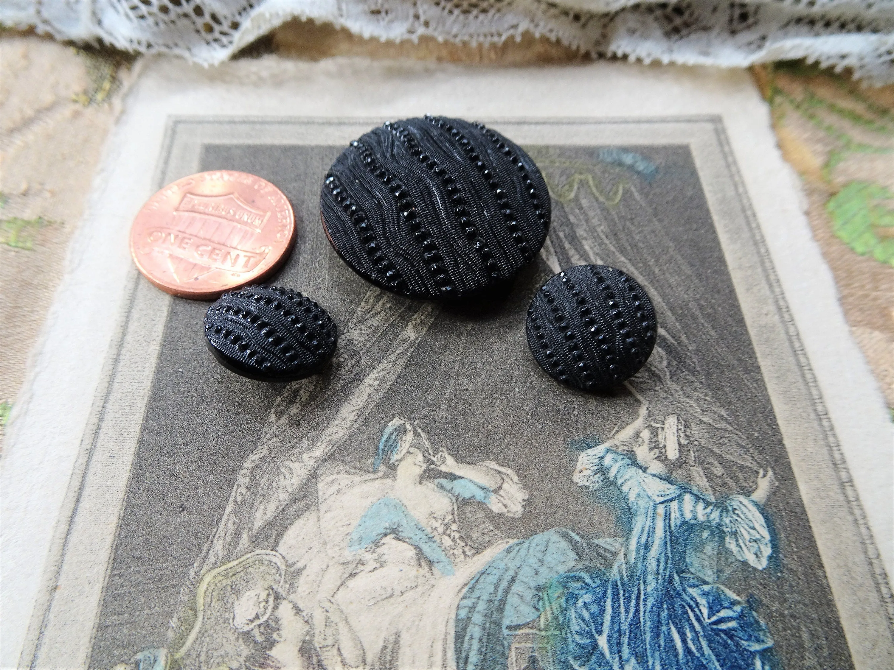Antique French Buttons, Jet Crepe Glass Buttons, Victorian Fancy Buttons,Highly Detailed Design, Set of 3,Collectible Vintage Buttons