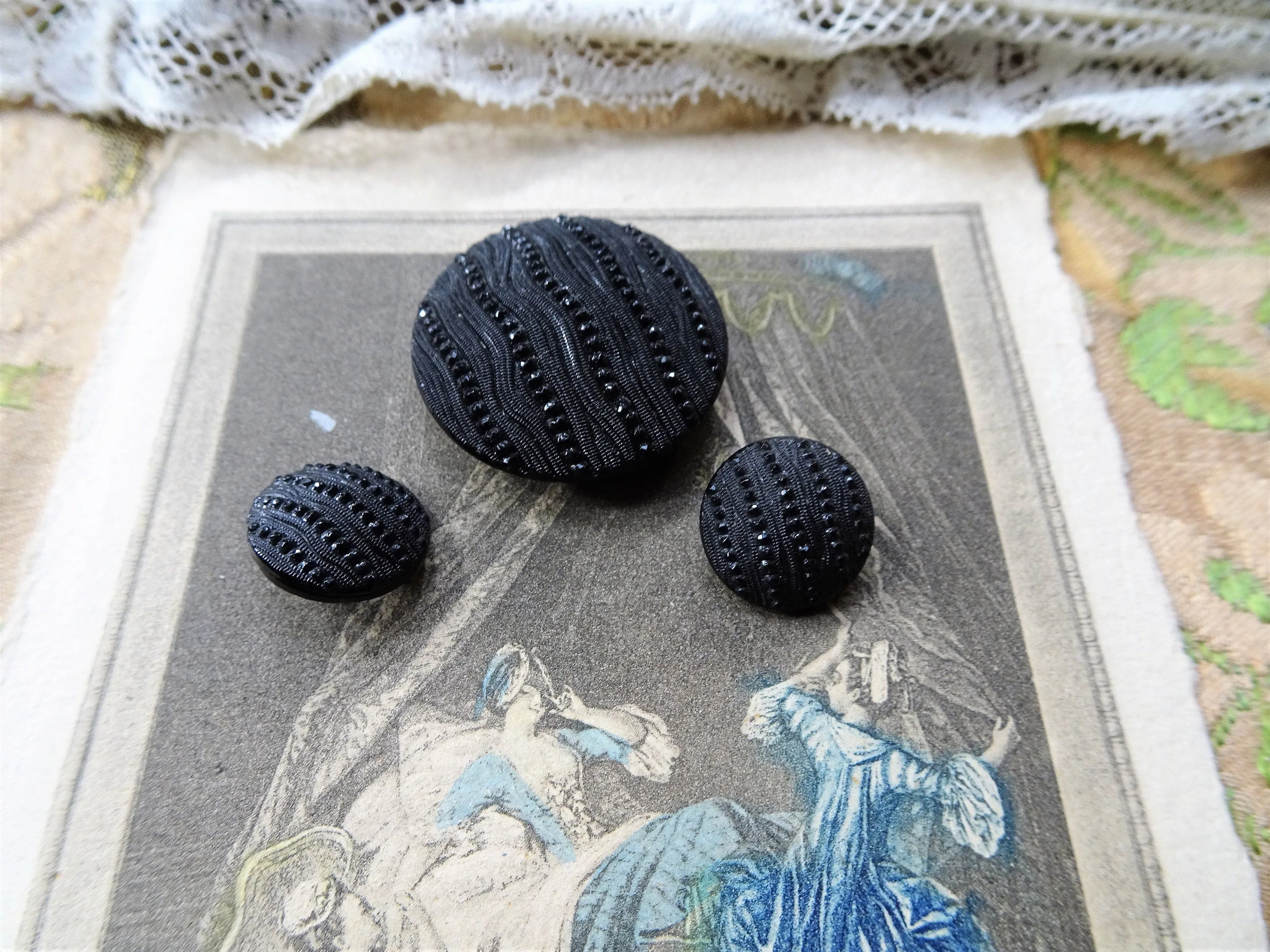 Antique French Buttons, Jet Crepe Glass Buttons, Victorian Fancy Buttons,Highly Detailed Design, Set of 3,Collectible Vintage Buttons
