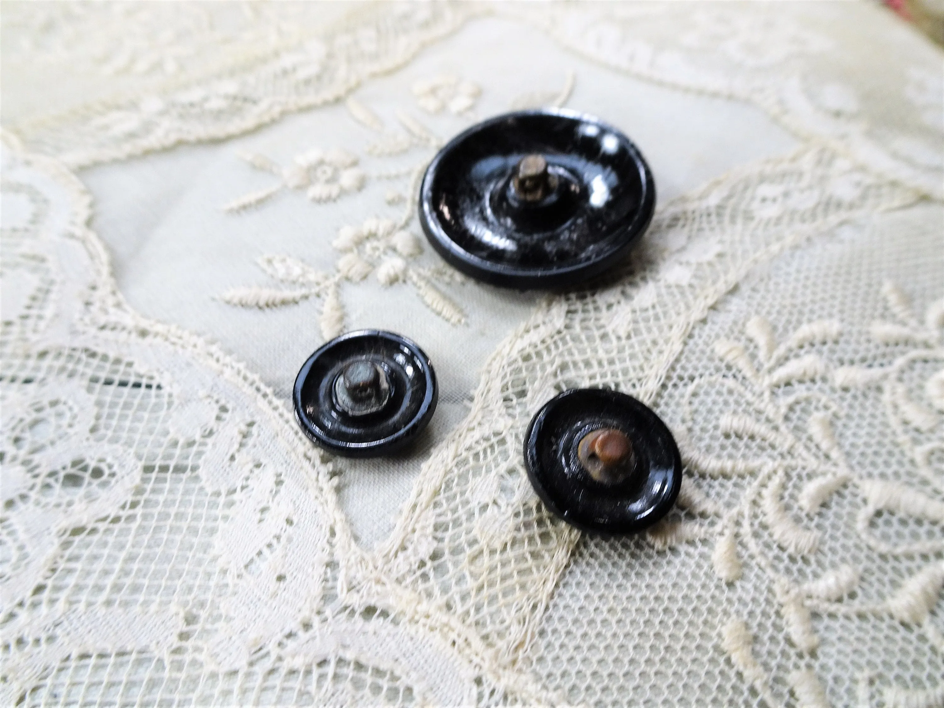 Antique French Buttons, Jet Crepe Glass Buttons, Victorian Fancy Buttons,Highly Detailed Design, Set of 3,Collectible Vintage Buttons