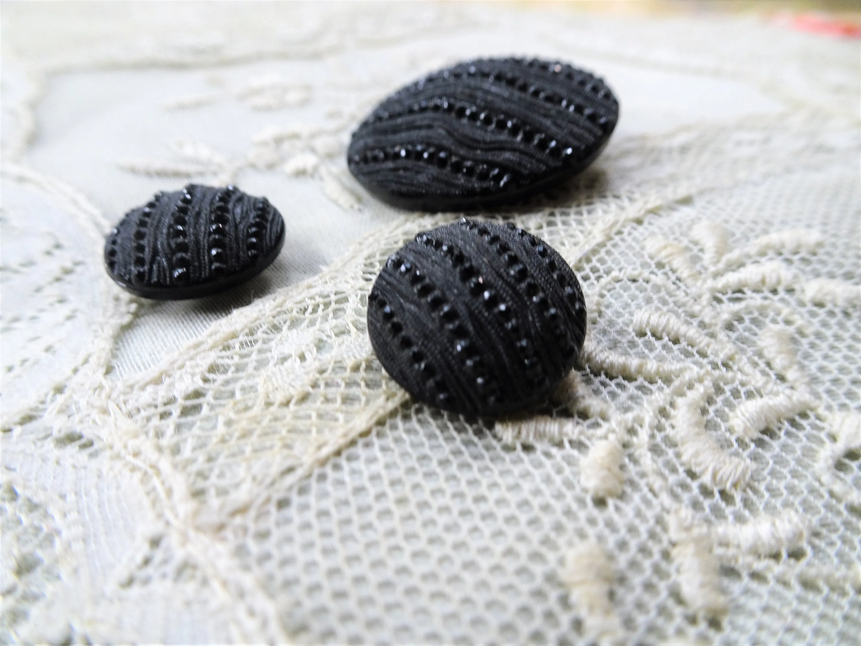 Antique French Buttons, Jet Crepe Glass Buttons, Victorian Fancy Buttons,Highly Detailed Design, Set of 3,Collectible Vintage Buttons