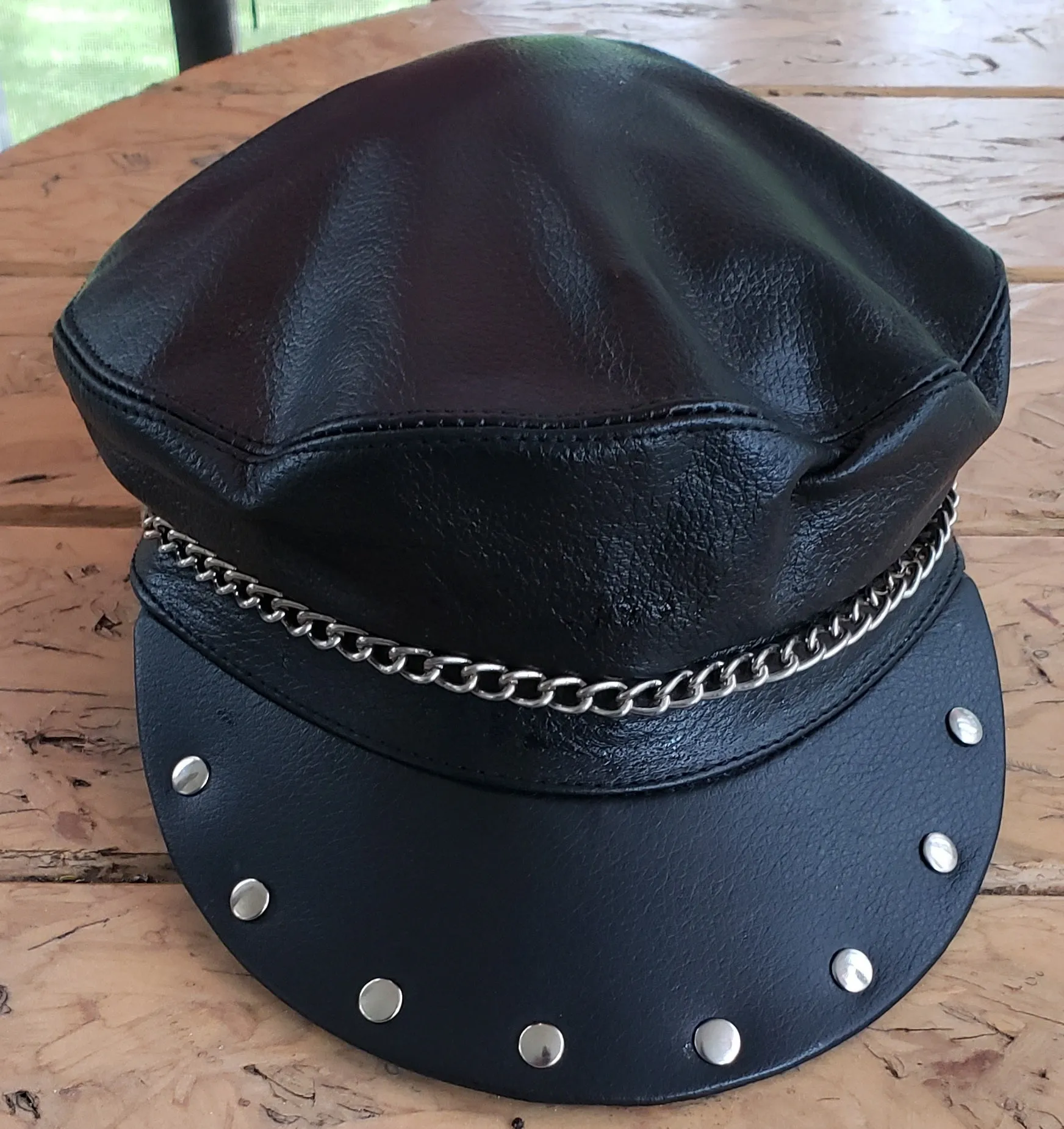 Black Premium Leather Biker Hat with chain
