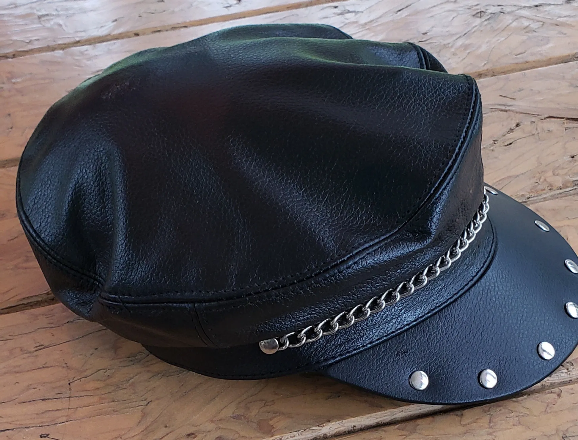 Black Premium Leather Biker Hat with chain