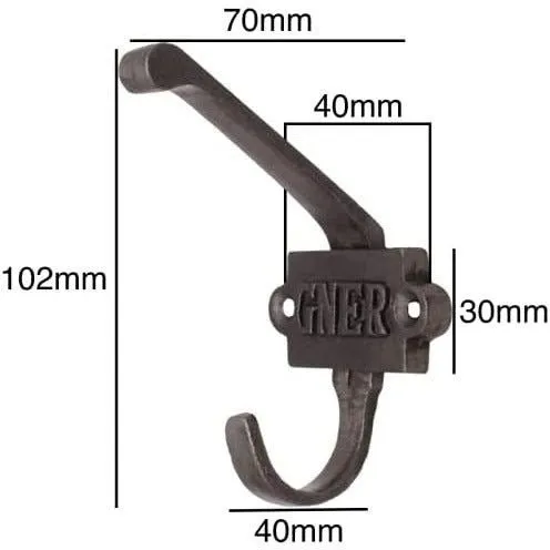 Cast Iron Double Coat Hook GNER Vintage Railway Hand Forged Self Coloured with Screws