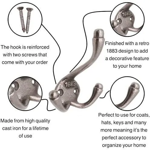 Cast Iron Triple Coat Hook 1883 Antique Coat and Hat Rack Hook Hand Forged Self Coloured with Screws