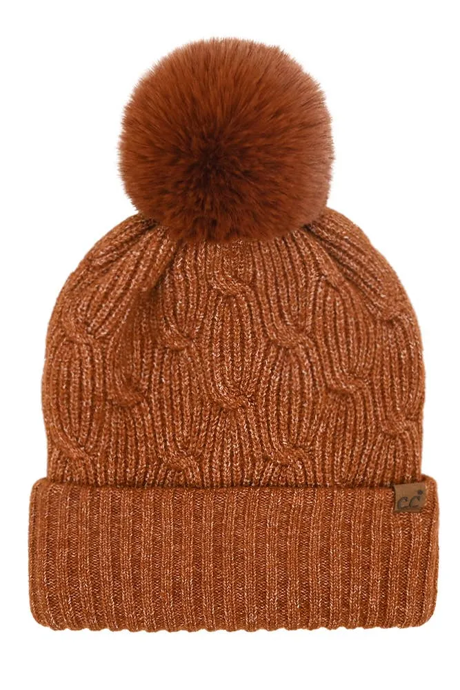 C.C Chain Link Knitted Pom Beanie Winter Hat: Beige