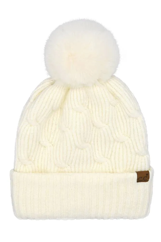 C.C Chain Link Knitted Pom Beanie Winter Hat: Beige