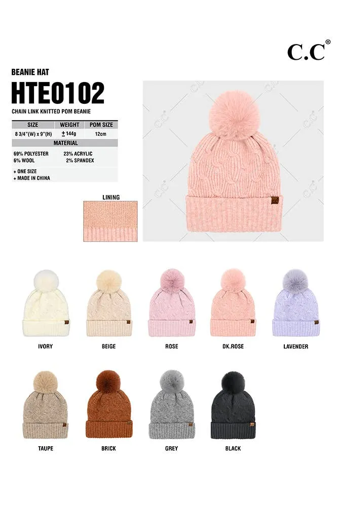 C.C Chain Link Knitted Pom Beanie Winter Hat: Beige