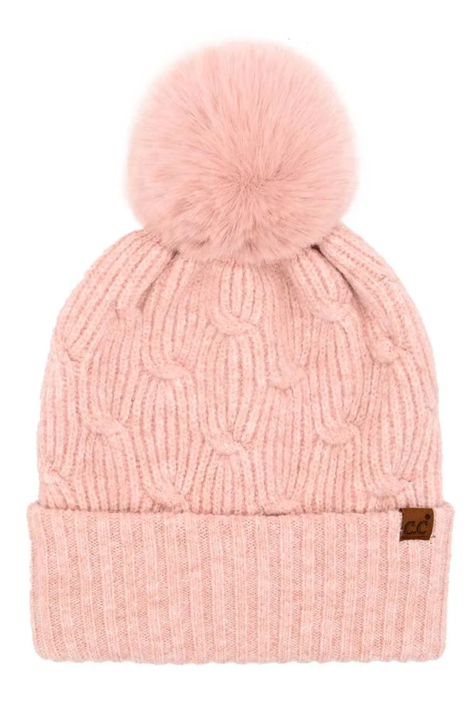 C.C Chain Link Knitted Pom Beanie Winter Hat: Beige