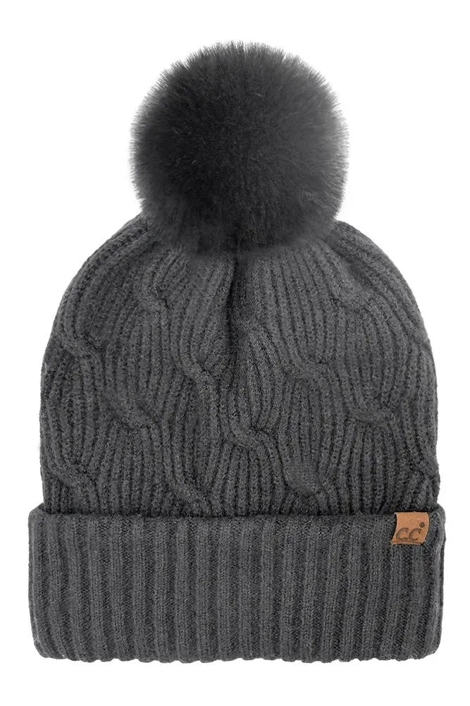 C.C Chain Link Knitted Pom Beanie Winter Hat: Beige