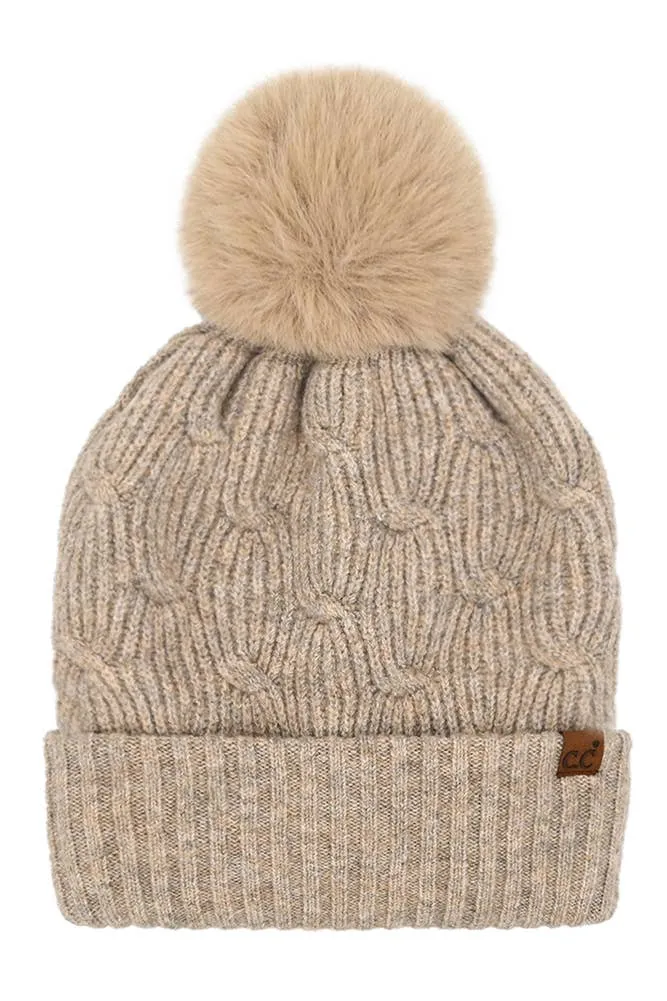 C.C Chain Link Knitted Pom Beanie Winter Hat: Beige
