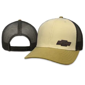 Chevrolet Heritage Bowtie Leather Patch - Beige Gold Cap with Charcoal Mesh Snap Back.