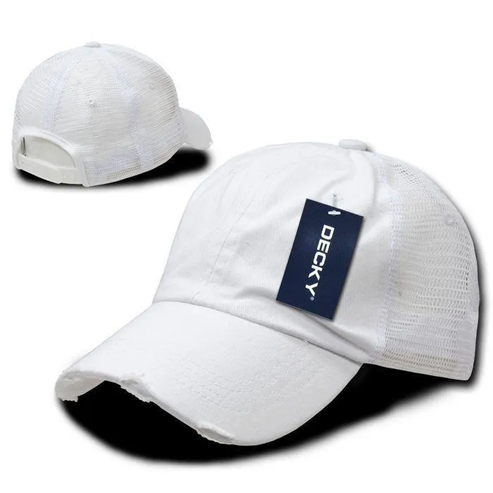 Decky Vintage Ripped Mesh Washed 6 Panel Cotton Pre-Curved Trucker Caps Hats