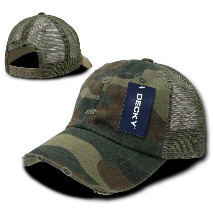 Decky Vintage Ripped Mesh Washed 6 Panel Cotton Pre-Curved Trucker Caps Hats