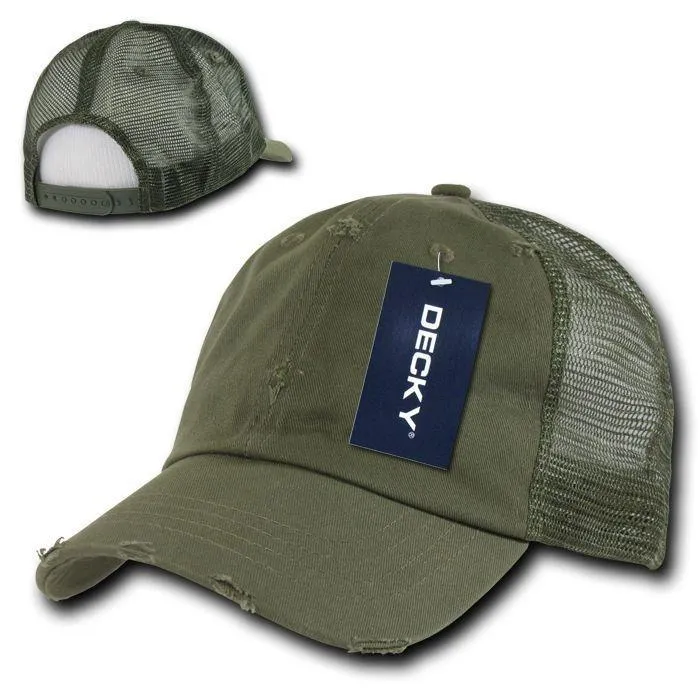 Decky Vintage Ripped Mesh Washed 6 Panel Cotton Pre-Curved Trucker Caps Hats