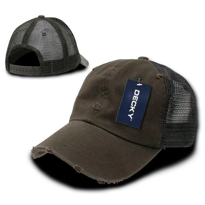Decky Vintage Ripped Mesh Washed 6 Panel Cotton Pre-Curved Trucker Caps Hats
