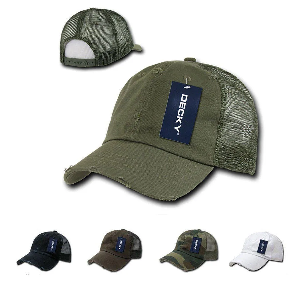 Decky Vintage Ripped Mesh Washed 6 Panel Cotton Pre-Curved Trucker Caps Hats