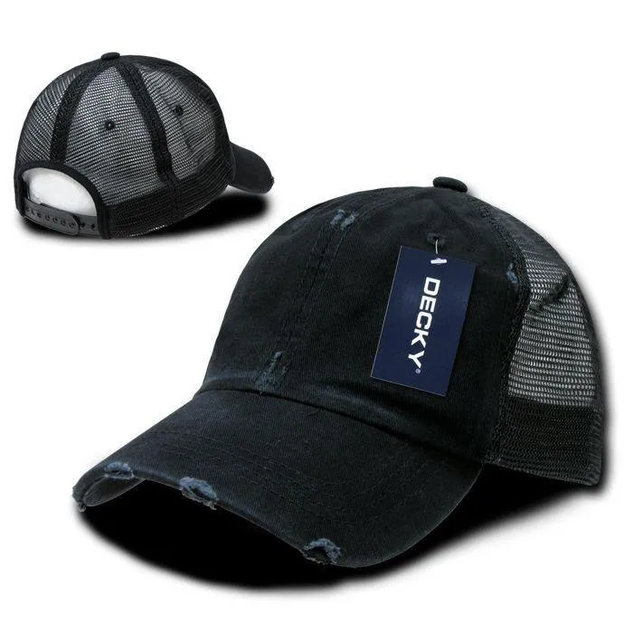 Decky Vintage Ripped Mesh Washed 6 Panel Cotton Pre-Curved Trucker Caps Hats