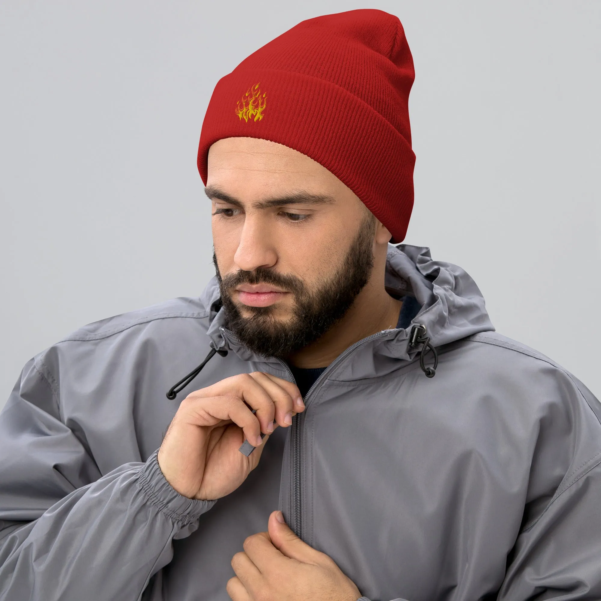 Flame embroidered cuffed beanie