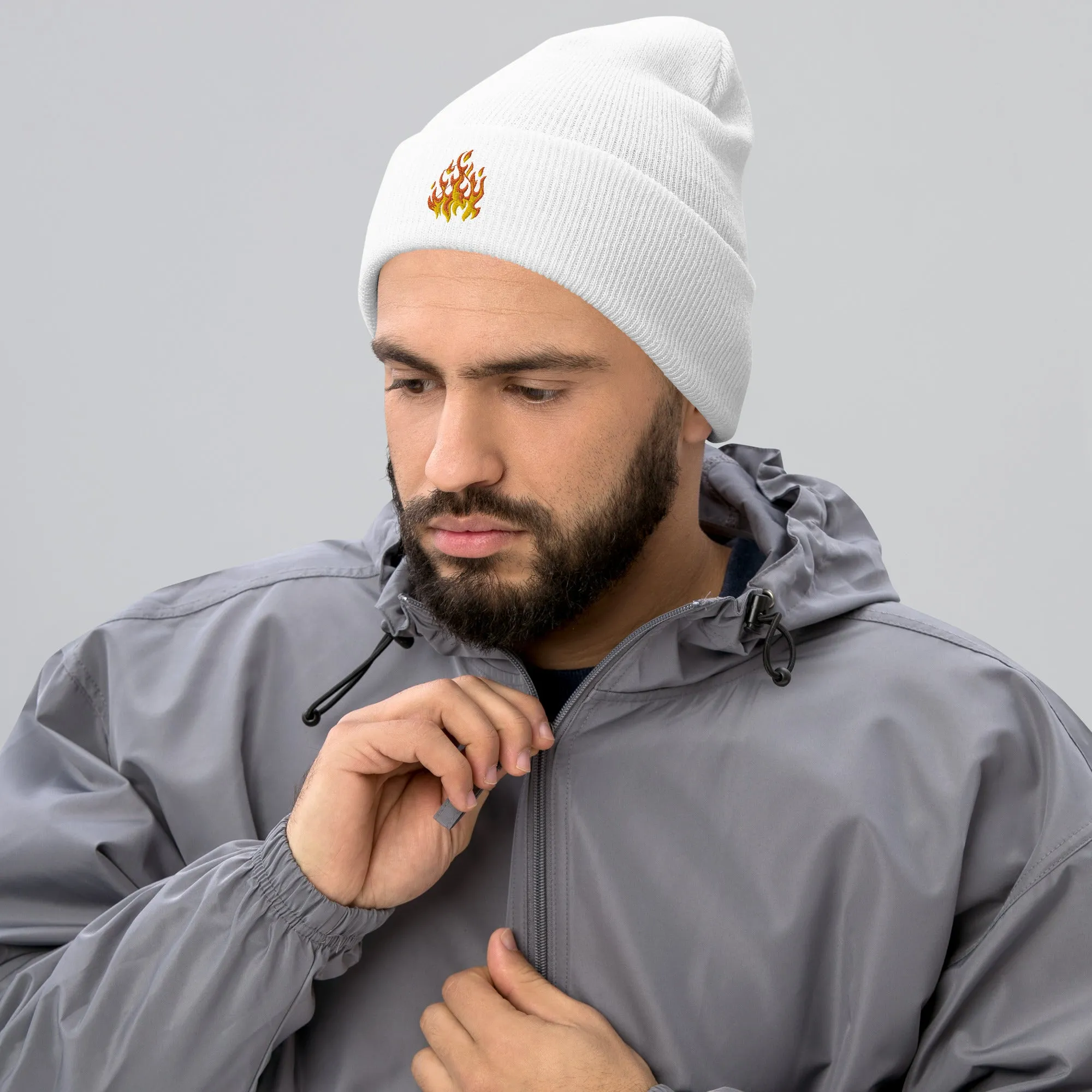 Flame embroidered cuffed beanie