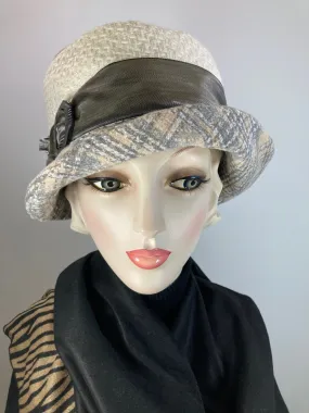 Gray, beige, ivory cloche hat. Flapper womens bucket hat. Small brim Great Gatsby hat winter. Downton Abbey mixed fabric Hat.