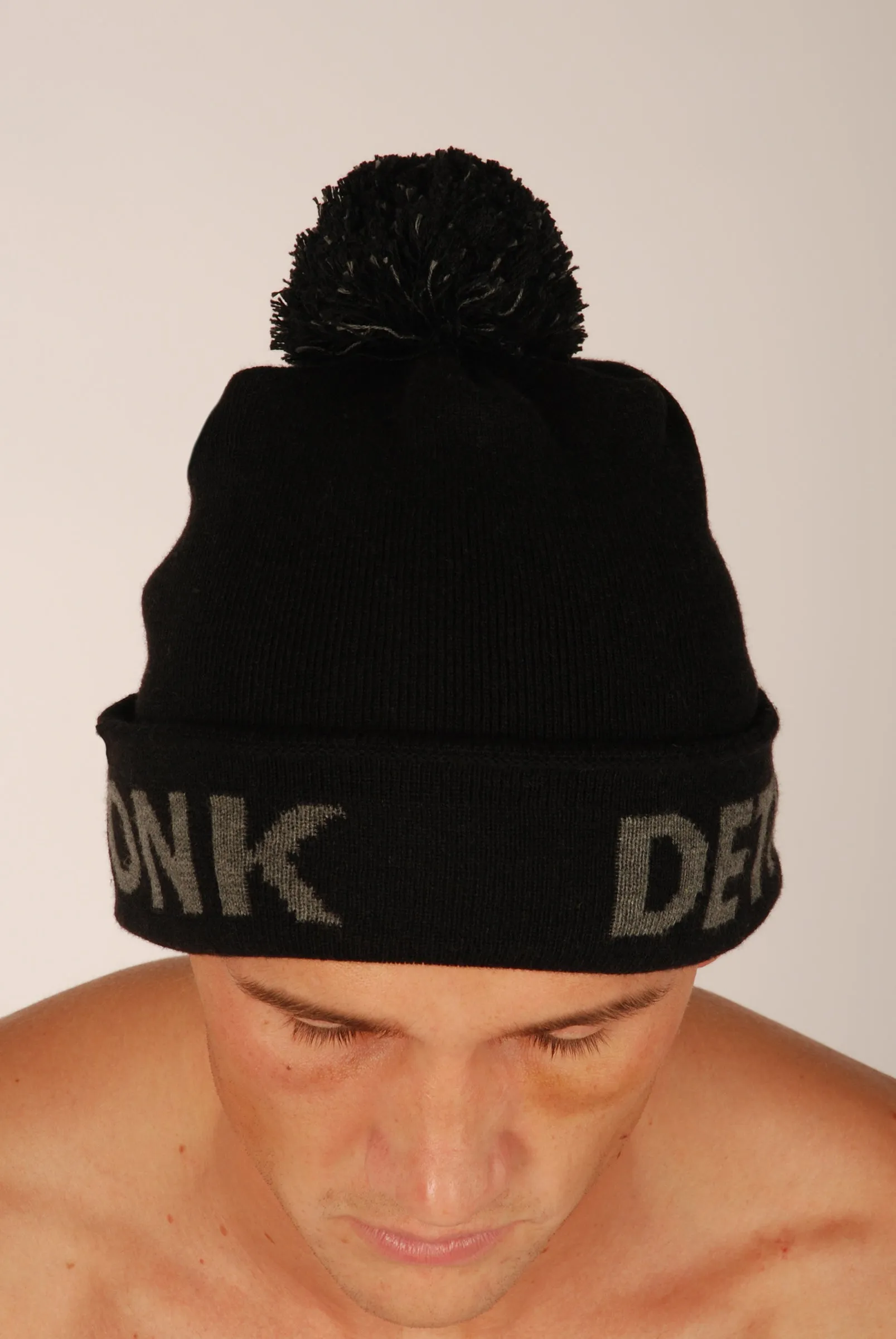 KRONK Detroit Bobble Hat Black with Charcoal knitted logo