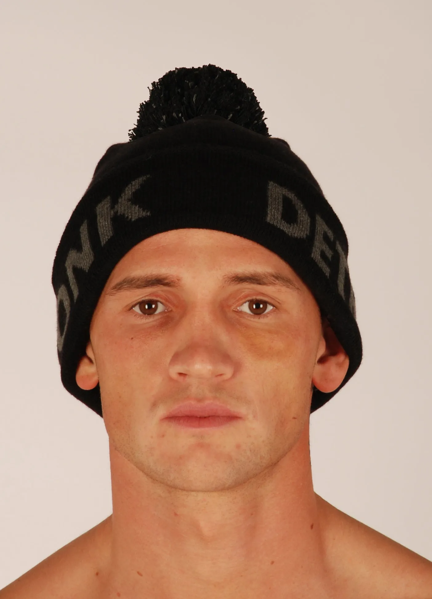 KRONK Detroit Bobble Hat Black with Charcoal knitted logo