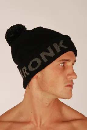 KRONK Detroit Bobble Hat Black with Charcoal knitted logo