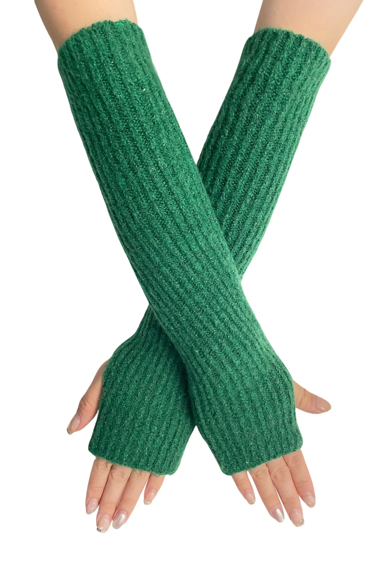 Metallic Thread Knitted Wool Arm Warmer Gloves