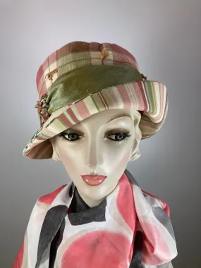 Mixed repurposed fabric pink green ivory Summer Cloche Hat. Small Brim Hat for Women. Ladies Cool Summer Travel Hat. One of a kind hat.