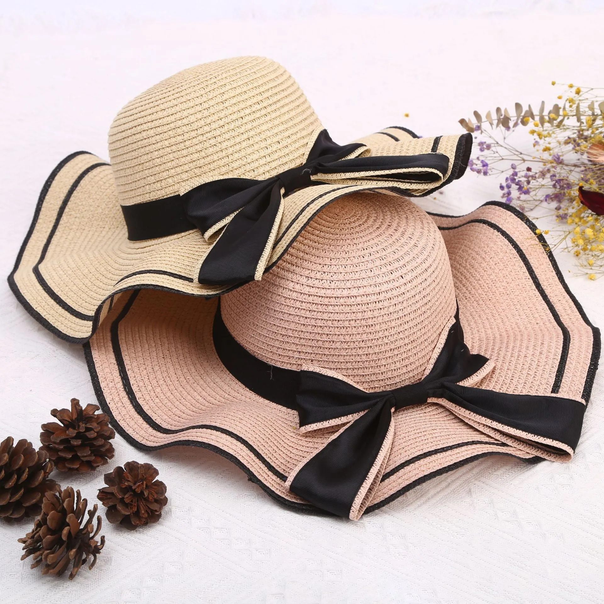 Paziye Big Brim Sun Hat with Wavy Bow Beach Hat