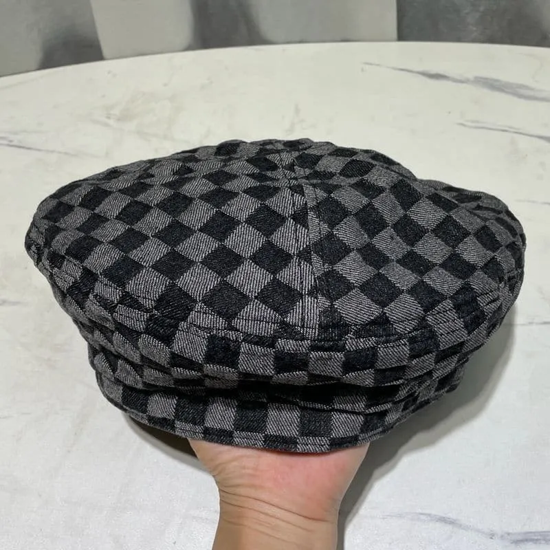 Plaid contrast denim beret hat