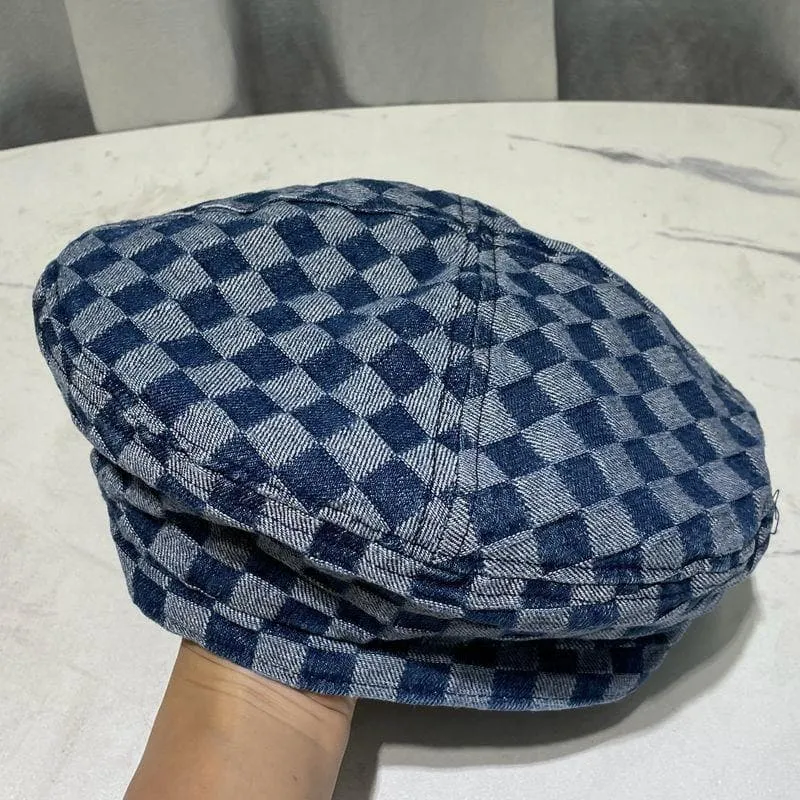 Plaid contrast denim beret hat