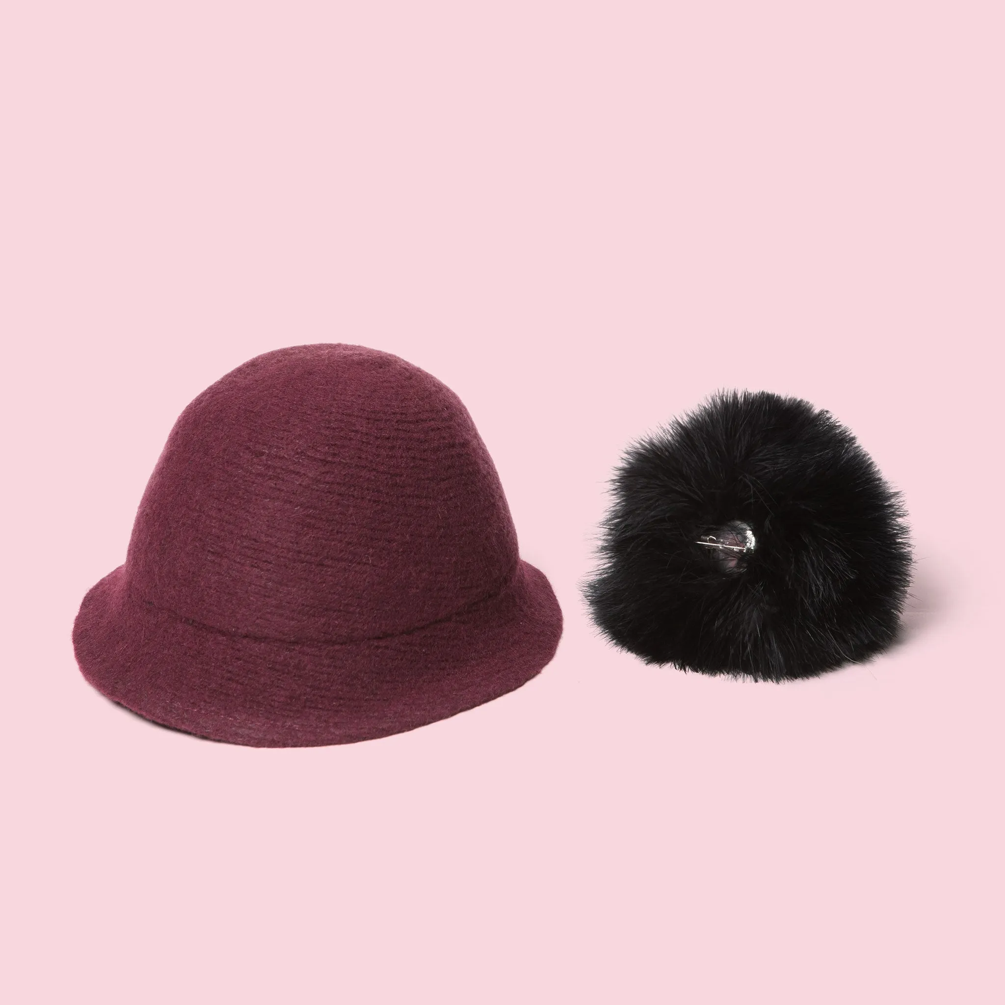 Pompom Wool Cloche Hat (Burgundy)