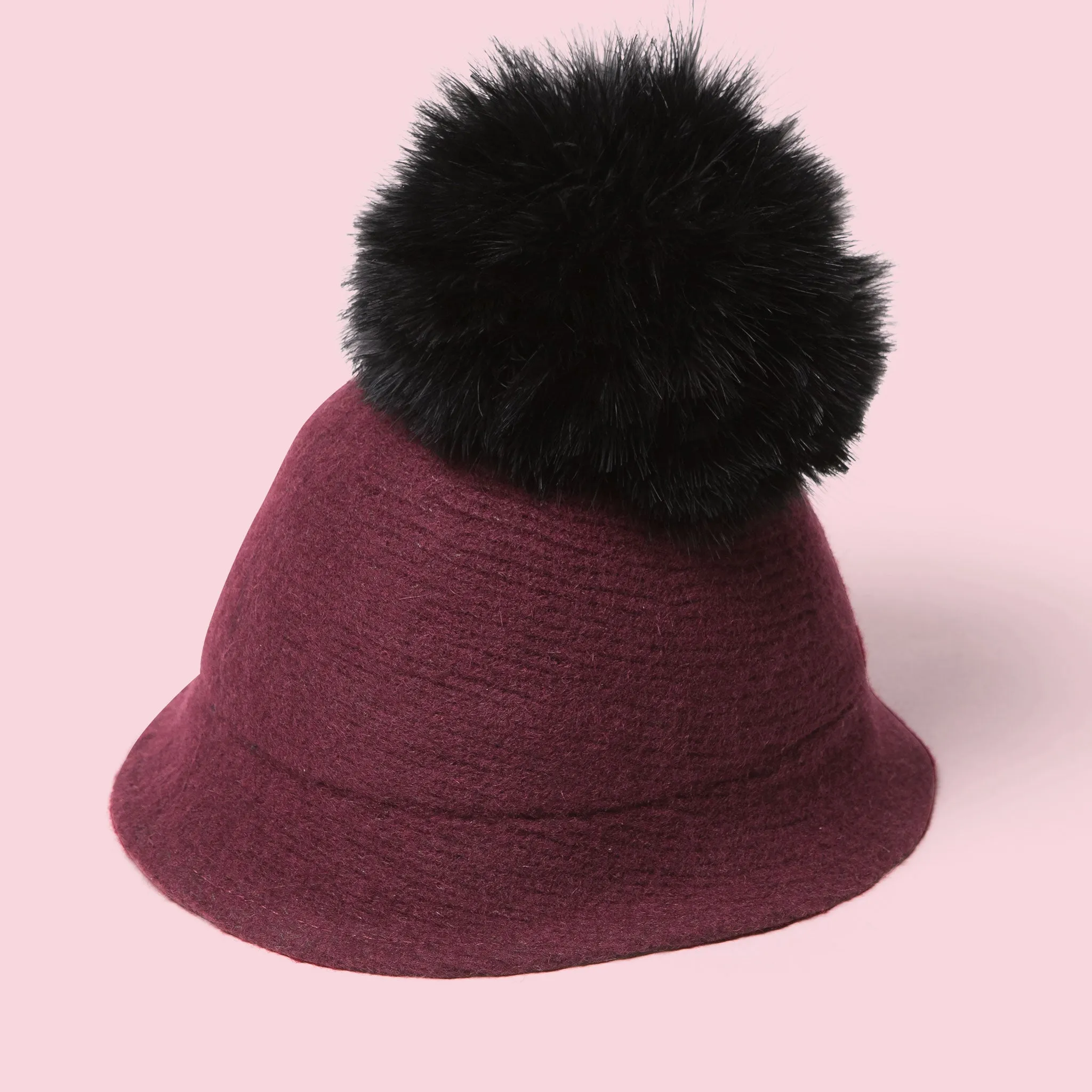 Pompom Wool Cloche Hat (Burgundy)