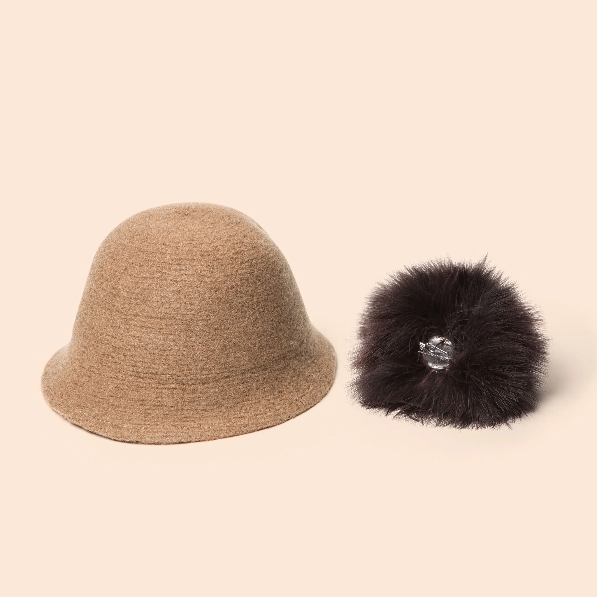 Pompom Wool Cloche Hat (Tan)