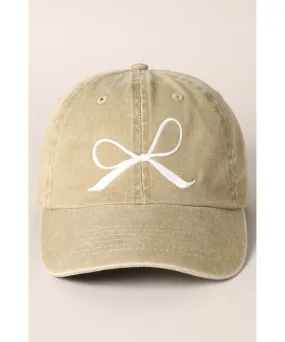 Ribbon Bow Embroidered Ball Cap -  Khaki
