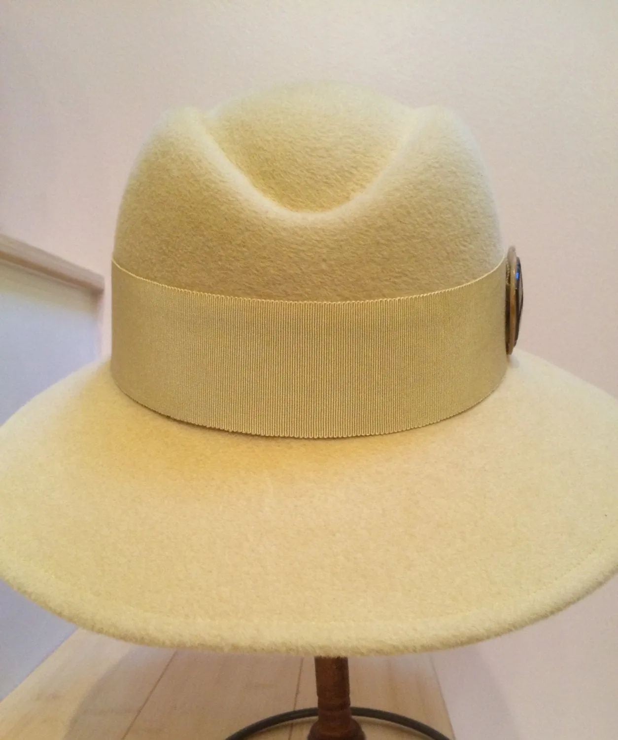 Soft Buttery Yellow Velour Wool Felt Hat with Grosgrain Ribbon and Vintage Wooden Button. Perfect Church Hat or your favorite 'go to' item.