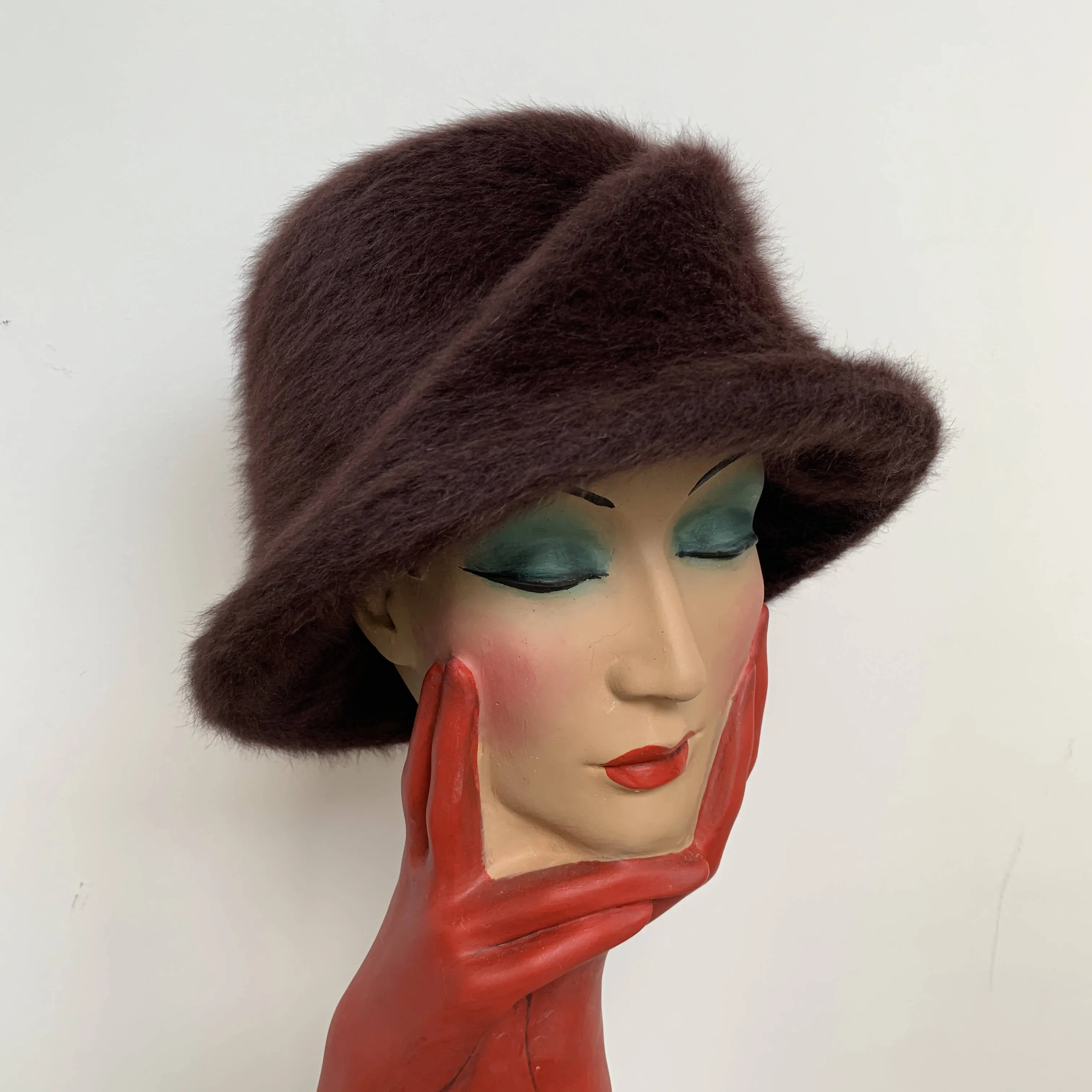 Vintage brown angora wool fur cloche hat by Philip Treacy made in London